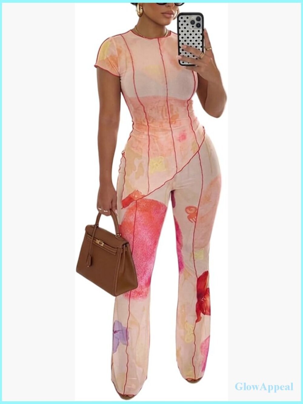 Womens Floral Mesh 2 Piece Outfit Asymmetric Top Flare Pants Set Summer Party